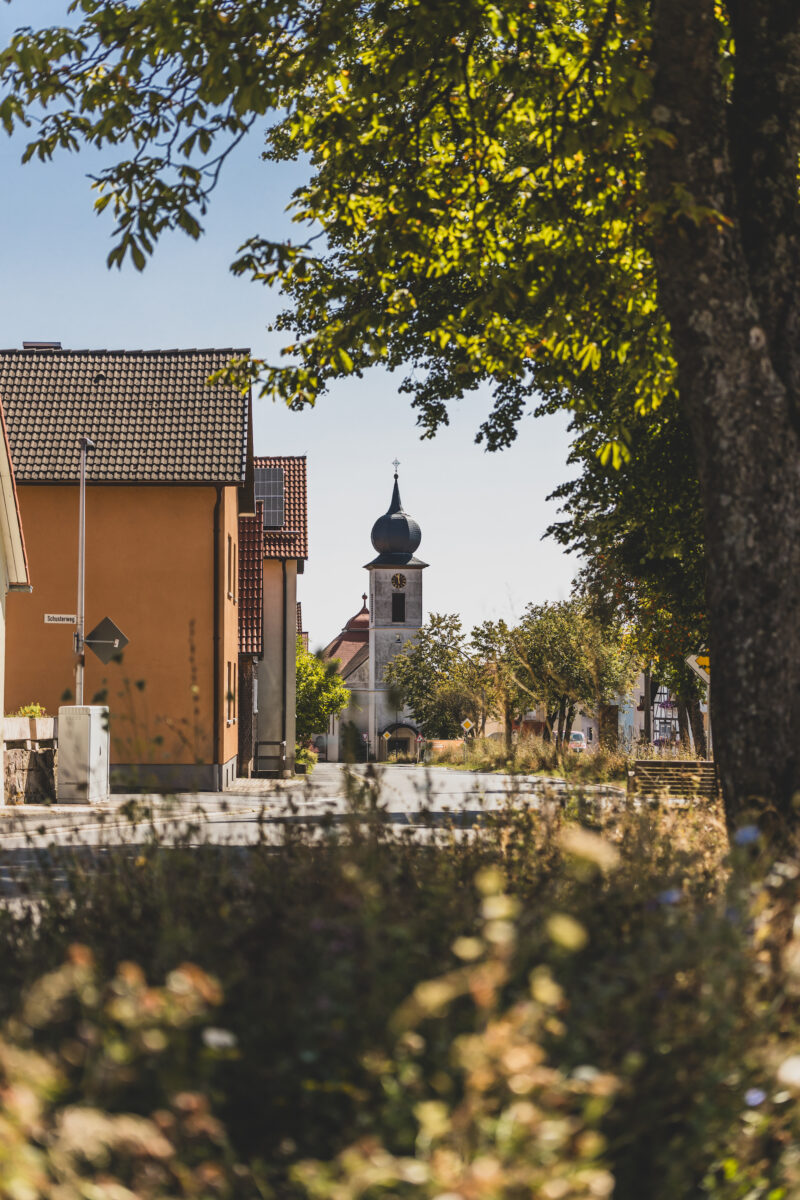 Blick in den Straßenanger mit der Kirche