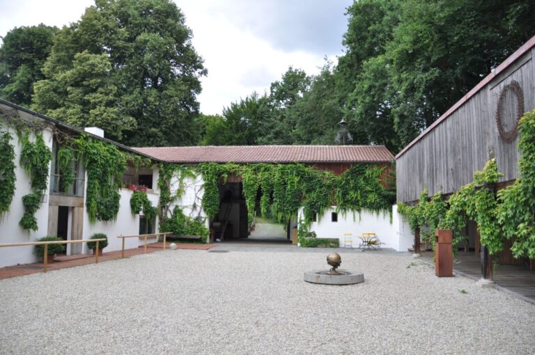 Hof mit drei Gebäuden aus Stein und Holz. Die Fassaden sind mit Pflanzen gewachsen.