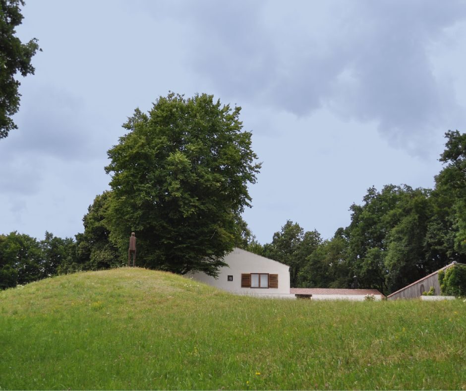 Der Hof von Fritz Koenig auf dem Ganslberg. Im Vordergrund der Wiesen-Hang und im Hintergrund Bäume.