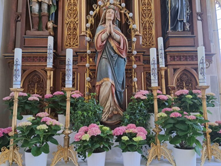 Marienstatue umgeben mit Kerzen und Blumen