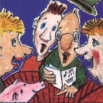 bunte Karikatur mit vier singenenden Menschen, wovon einer ein Notenheft in der Hand hält
