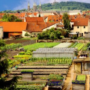 Ansischt der Stadt Bamberg mit Gärten im Vordergrund und einer Kirche und einem Hügel im Hintergrund